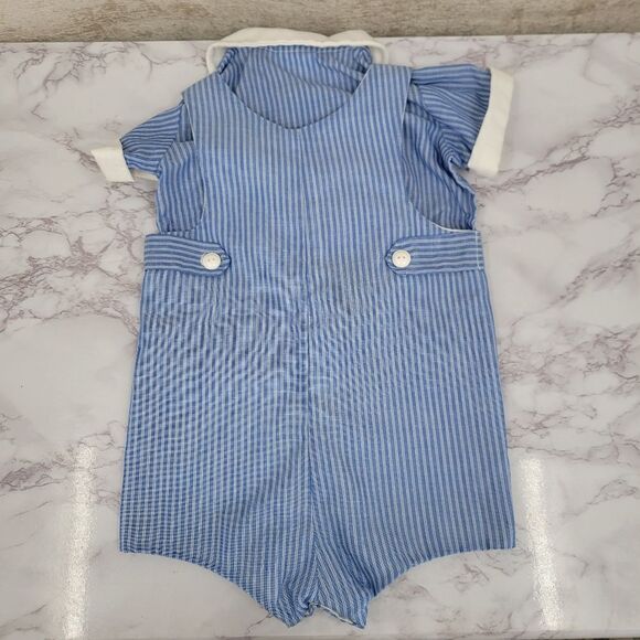 Neiman Marcus Betti Terrell Vintage Blue Striped Baby Romper Windmill Design - Picture 7 of 13